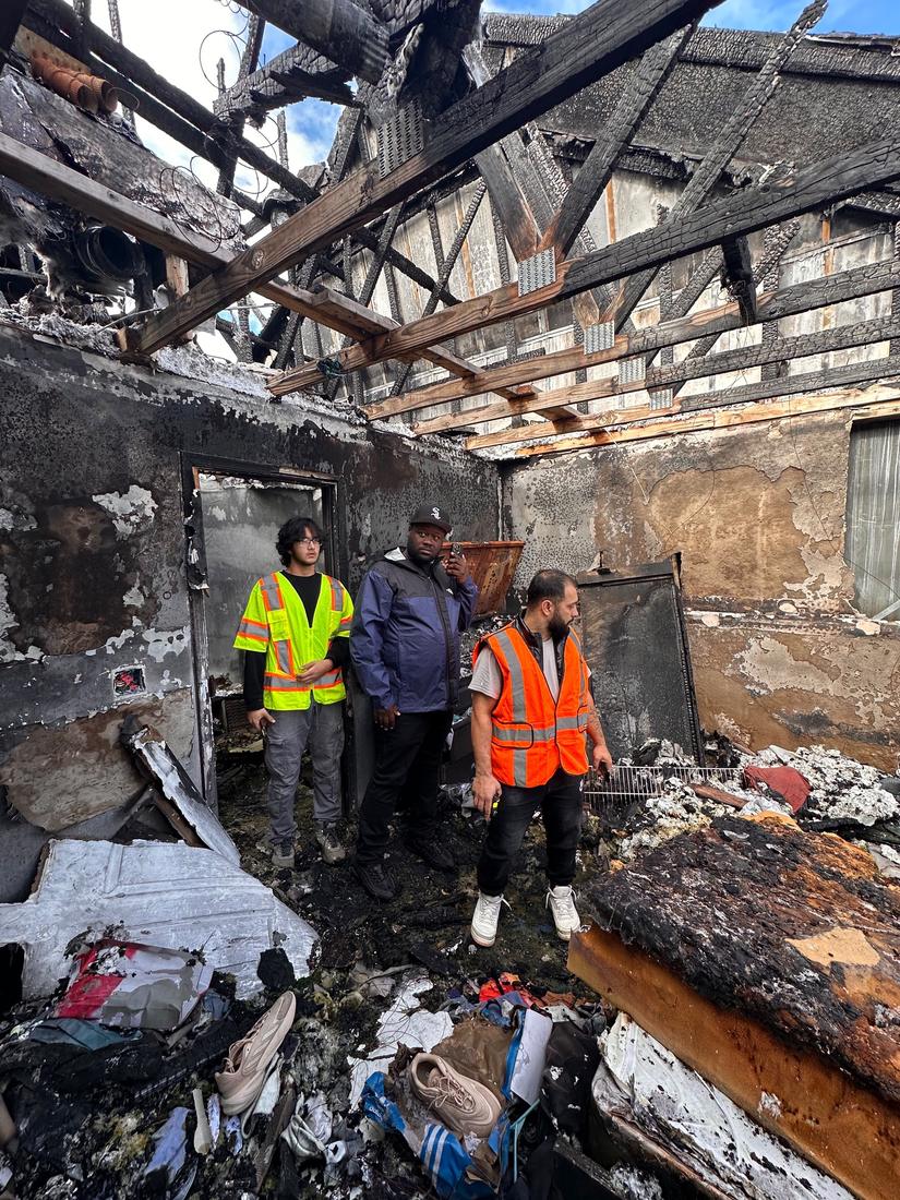 Fire damage assessment, structural framing exposed